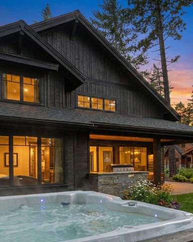Modern black wood house with lit windows, hot tub in foreground, pine trees, sunset sky, and adjacent cabin at dusk.