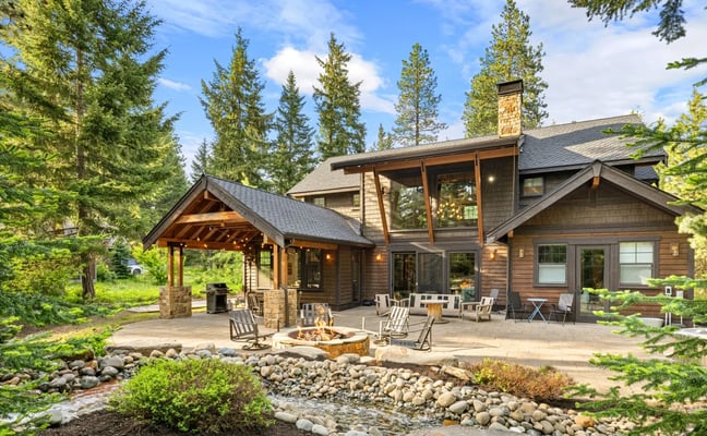 Blue Sky Retreats home exterior with outdoor fire pit and pine trees